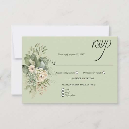 セージグリーン ユーカリ プリントの花柄RSVP | 出欠カード (正面)
