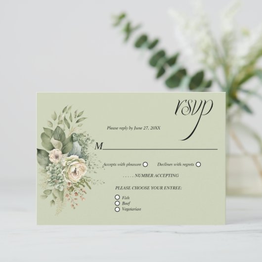 セージグリーン ユーカリ プリントの花柄RSVP | 出欠カード (スタンド正面)