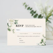 セージグリーン ユーカリ & ローズアイボリー ウェディング RSVP エンクロージャーカード (スタンド正面)