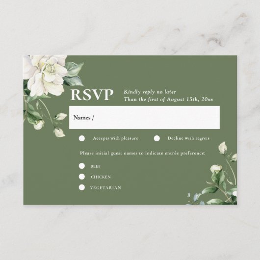 セージグリーン ユーカリ & ローズ アイボリー ウェディング RSVP エンクロージャーカード (正面)