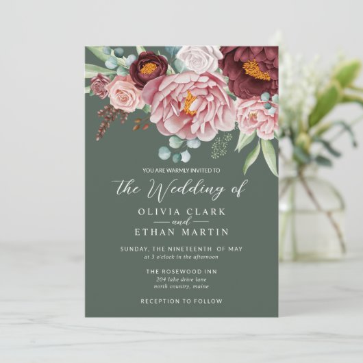 セージグリーン ラスティック ダスティ ローズ ボヘミア ウォーターカラー 招待状 (スタンド正面)