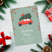 セージグリーン&レッドクリスマスツリー&かわいい車 招待状