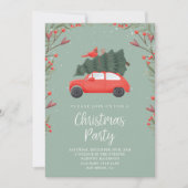 セージグリーン&レッドクリスマスツリー&かわいい車 招待状 (正面)