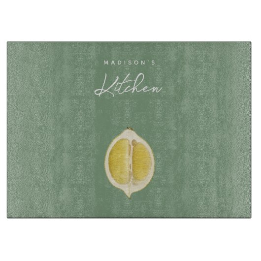 セージグリーン&レモンスクリプト料理名前をカスタムする カッティングボード (正面)