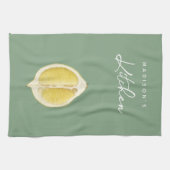 セージグリーン & レモン スクリプト オーダーメイド ネーム キッチンタオル (横)