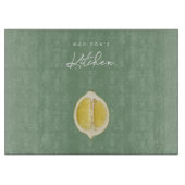 セージグリーン & レモン スクリプト キッチン オーダーメイド ネーム カッティングボード (正面)