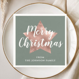 セージグリーン 偽のローズゴールドの星 メリークリスマス スタンダードカクテルナプキン