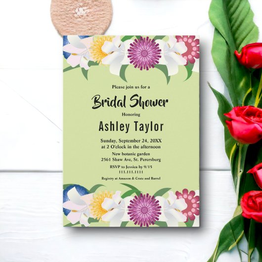 セージグリーン |夏 |エレガントフローラブライダルシャワー 招待状