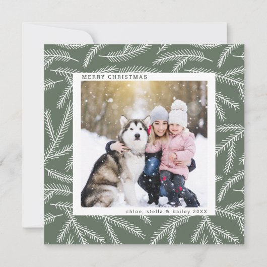セージグリーン |松の枝クリスマスフォトスクエア シーズンカード (正面)