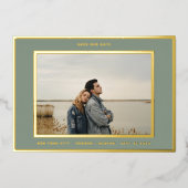 セージグリーン 白枠 ゴールドのsave+our+date 箔招待状 (正面)