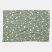 セージグリーン 白 黄 ワイルドフラワーズ ボヘミアントレンディ キッチンタオル (横)