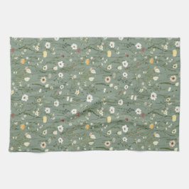 セージグリーン 白 黄 ワイルドフラワーズ ボヘミアントレンディ キッチンタオル