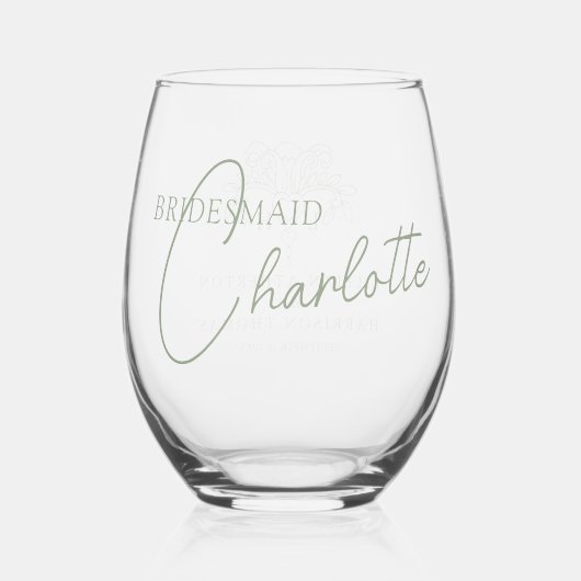 セージグリーン（紋章の）フラ・ダ・リモノグラム結婚式の引き出物 ステムなしワイングラス (裏面)