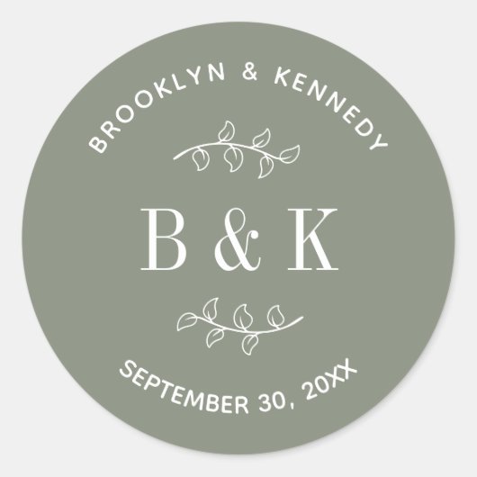 セージグリーン 花柄 ボタニカル モノグラム カップル名 ラウンドシール (正面)