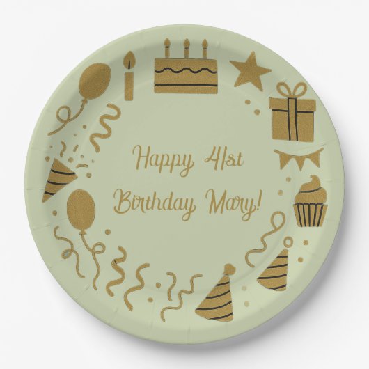 セージグリーン - 誕生日 高級ゴールド カスタマイズ可能 ペーパープレート (正面)