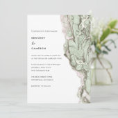 セージグリーン&赤面ピンクミニマリストマーブル結婚ズ 招待状 (スタンド正面)