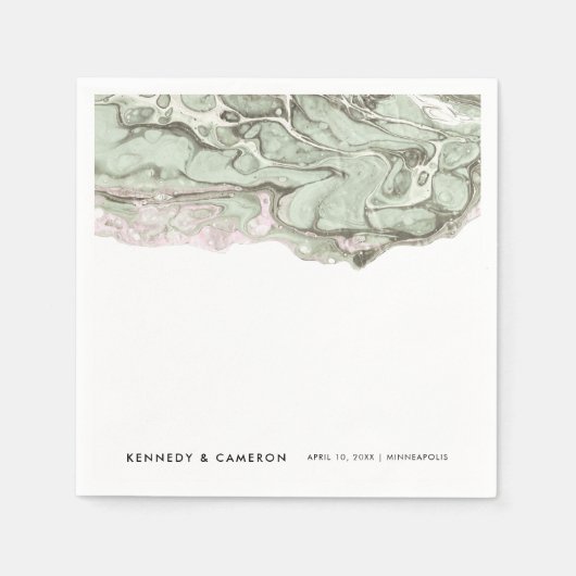 セージグリーン&赤面ピンクミニマリストマーブル スタンダードカクテルナプキン (正面)