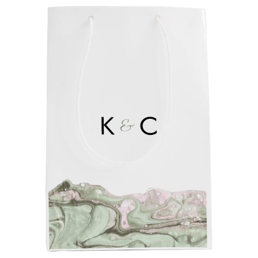 セージグリーン&赤面ピンクミニマリストマーブル ミディアムペーパーバッグ (正面)