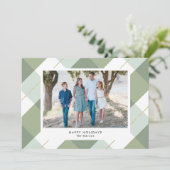 セージグリーン&金ゴールドギンガムプレイドフォトホリデーカード 招待状 (スタンド正面)