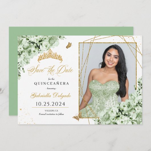 セージグリーン&金ゴールドクインセアニラ日付写真を保存 招待状 (正面/裏面)