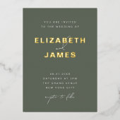セージグリーン&金ゴールドシンプルミニマモダンリスト結婚ズ 箔招待状 (正面)