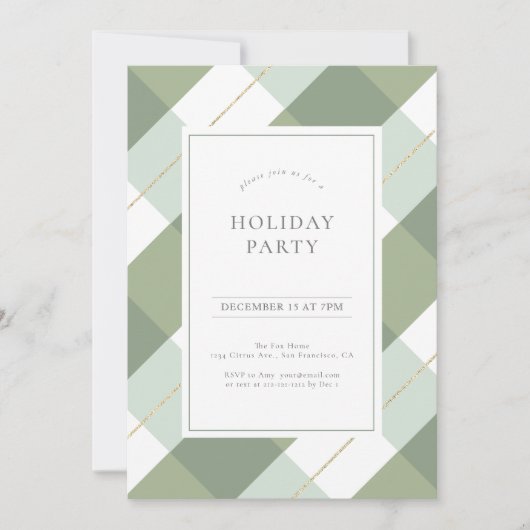 セージグリーン&金ゴールドジンガムクリスマスホリデーパーティー 招待状 (正面)
