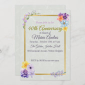 セージグリーン&金ゴールドパープル40th誕生日フローラ 招待状 (正面/裏面)