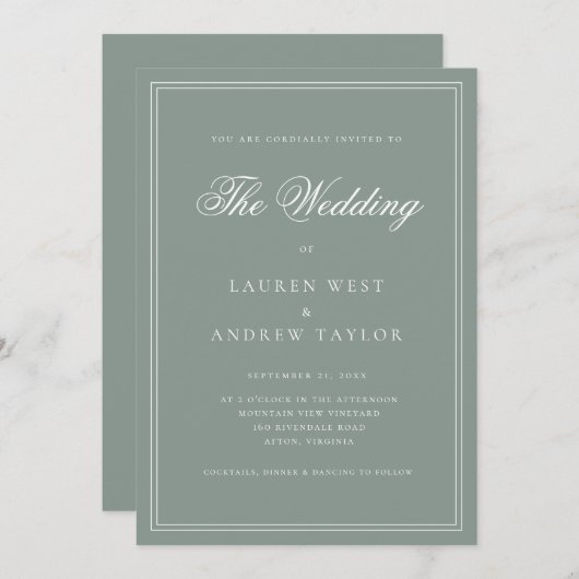 セージグリーンIIミニマモダンリスト結婚式招待状 招待状 (正面/裏面)