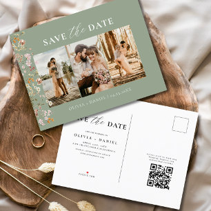 セージグリーンQRコードワイルドフラワー結婚フローラ 案内ポストカード