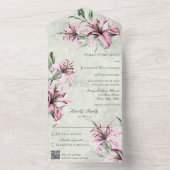 セージグリーンQRコ動揺してード上のピンクのユリ オールインワン招待状 (内側)