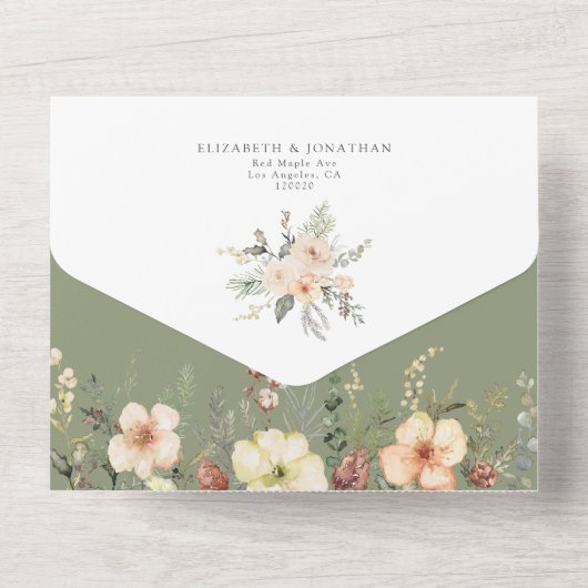 セージグリーンQR RSVPフローラゴールドフォイルウィンターウェディング オールインワン招待状 (裏面)