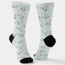 セージグレーグリーンの猫の線画パターンの靴下