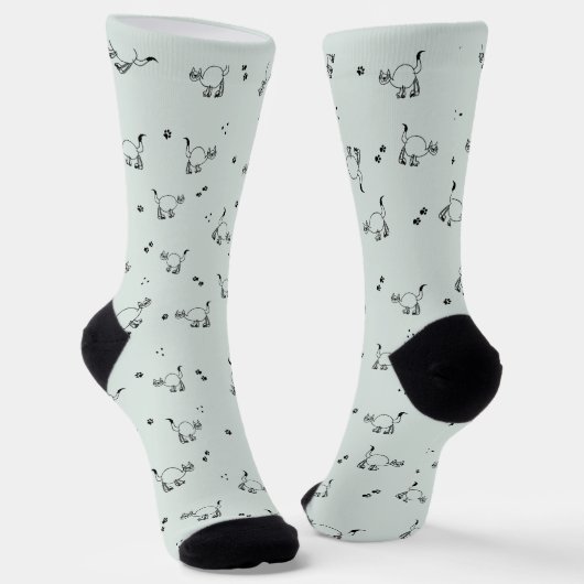 セージグレーグリーンの猫の線画パターンの靴下 ソックス (傾斜あり)