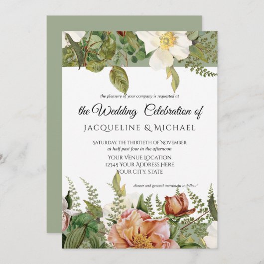 セージコーラルn赤面フローラアイボリープーニバラズ 招待状 (正面/裏面)