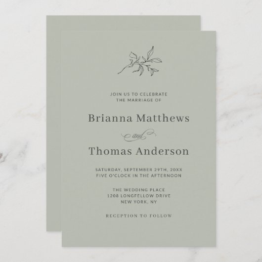 セージシンプルグリーンエレガントミニマ結婚リスト 招待状 (正面/裏面)