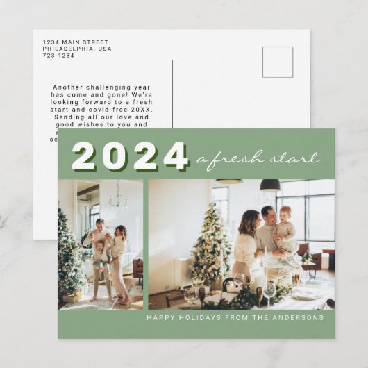セージシンプルグリーン年A新しいスタートフォトホリデー ポストカード (正面/裏面)