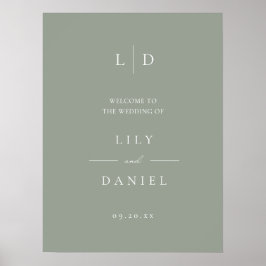 セージシンプルグリーン結婚モノグラム歓迎サイン ポスター
