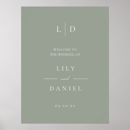セージシンプルグリーン結婚モノグラム歓迎サイン ポスター (正面)
