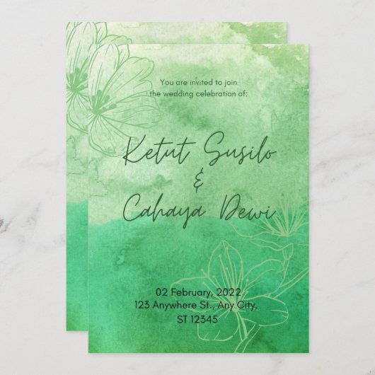セージスタイリッシュグリーンエレガントなウェディング招待状 招待状 (正面/裏面)