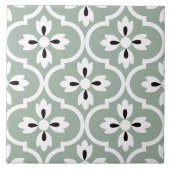 セージスペインのグリーン、白フローラ黒い水滴 タイル (正面)