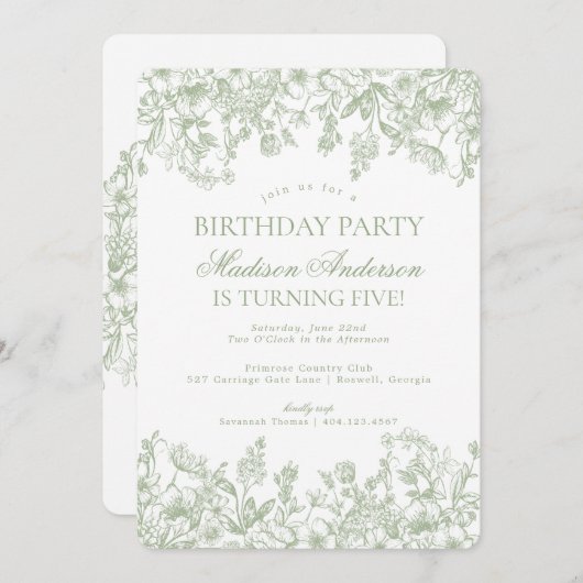 セージチノイスリーヴィンテージフローラ誕生日パーティー 招待状 (正面/裏面)