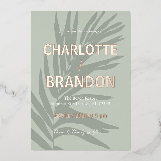 セージトロピカルパーム結婚リーフ 箔招待状 (正面)