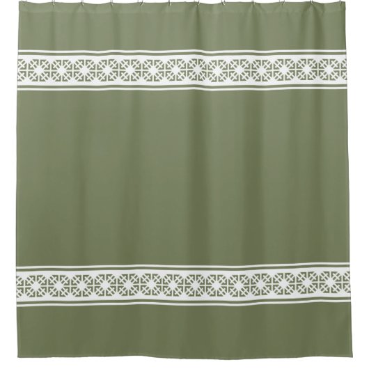 セージパターン(の模様が)あるグリーンストライプの白い幾何学的な記号 シャワーカーテン (正面)
