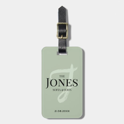 セージパーソナライズされたグモダンリーンモノグラム新婚 ラゲッジタグ (正面縦)