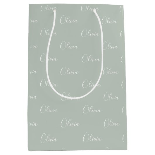 セージパーソナライズされたグリーンエレガント名 ミディアムペーパーバッグ (正面)