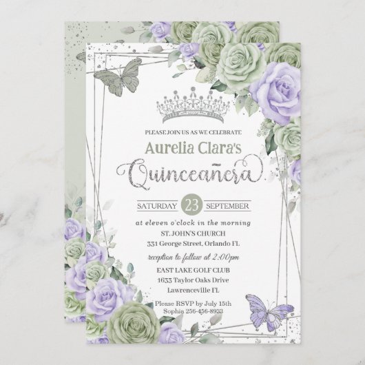 セージパープルフローラ蝶シルバーキンセアニェラ 招待状 (正面/裏面)