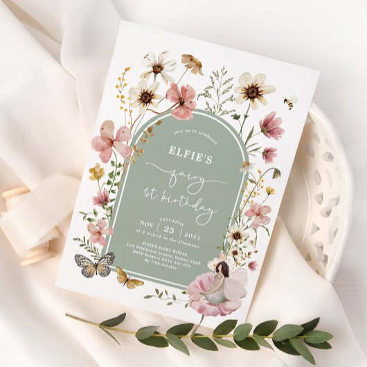 セージピンクワイルドフラワーフェアリー1st誕生日パーティー 招待状
