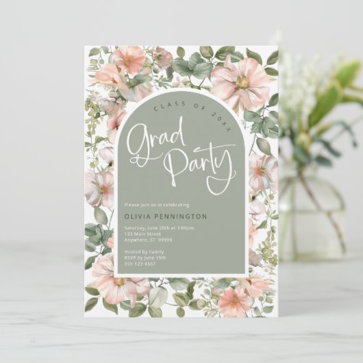 セージピンク赤面ワイルドフラワーズグラードパーティの招待状 招待状 (スタンド正面)