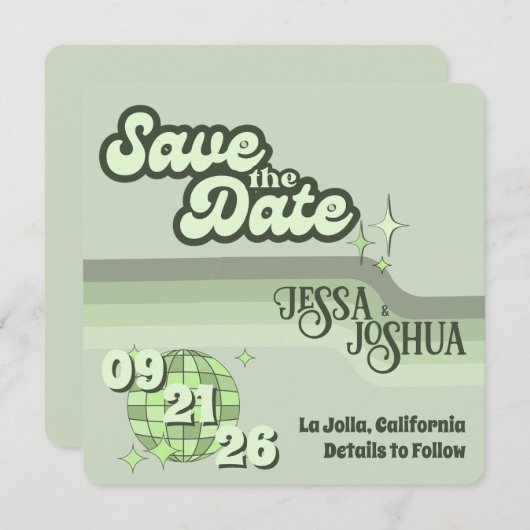 セージファンキーレトロディ結婚スコの – 日付を保存 招待状 (正面/裏面)