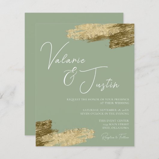 セージフェイクグリーンゴールドフォイル結婚式招待状 (正面/裏面)